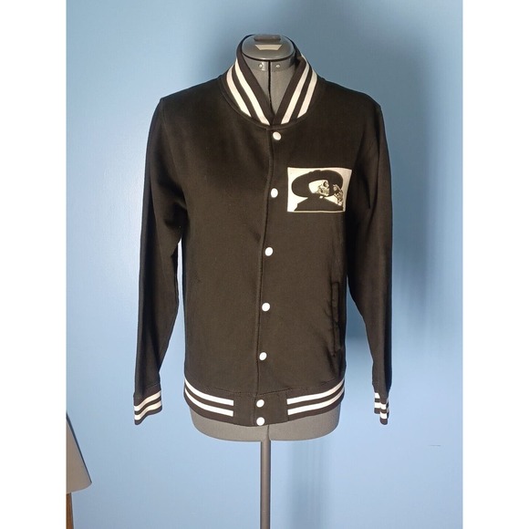 Vintage Goth Black Small Jacket Skull "Deaths Guiding Light" White Stripe - Picture 3 of 16